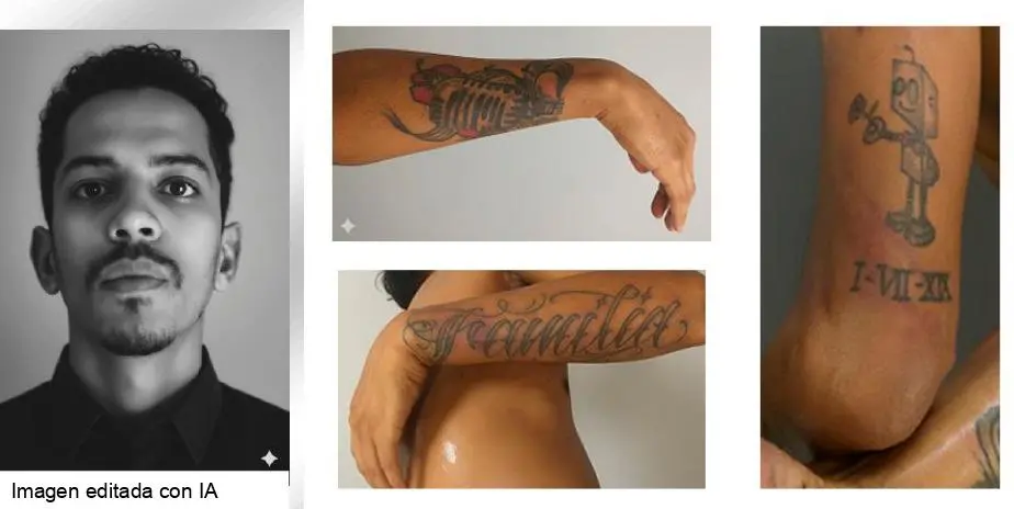 La foto de la izquierda fue lograda mediante IA. Las demás imágenes corresponden a los tatuajes que esta persona tiene en sus extremidades. FOTO: MEDICINA LEGAL