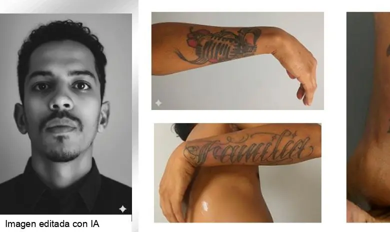 La foto de la izquierda fue lograda mediante IA. Las demás imágenes corresponden a los tatuajes que esta persona tiene en sus extremidades. FOTO: MEDICINA LEGAL