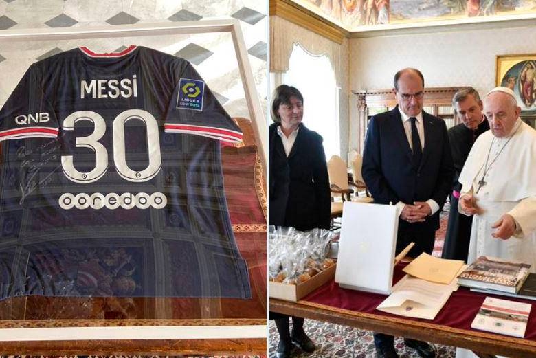 El astro argentino Lionel Messi le envió una camiseta de su nuevo equipo al papa. FOTOS @vaticannews_fr