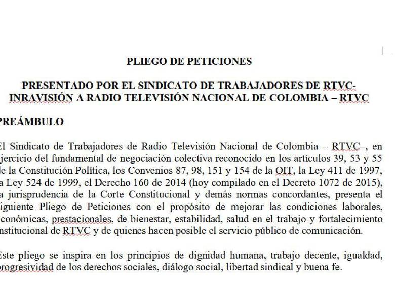 Encabezado del pliego de peticiones conocido por EL COLOMBIANO en exclusiva. Foto: especial