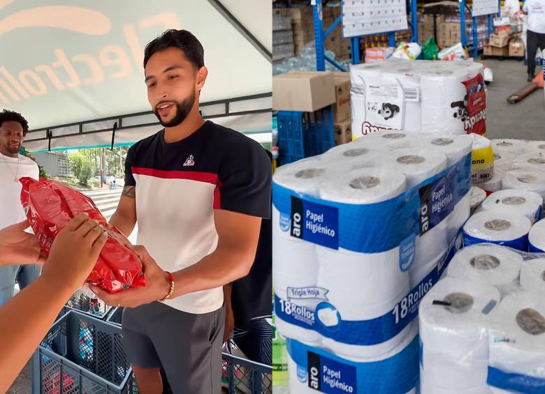 En la imagen se ve a Didier Moreno y Jeison Medina recibiendo donaciones para los afectados por el terremoto. FOTO: Captura de video