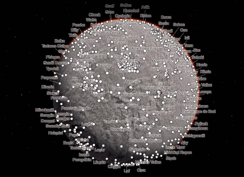 El Mosaico Global CTX de Marte permite a los científicos y al público explorar el planeta como nunca antes. Incluye diferentes capas de datos que se pueden activar o desactivar, como estas etiquetas para características geográficas nombradas en el planeta. Foto: NASA 