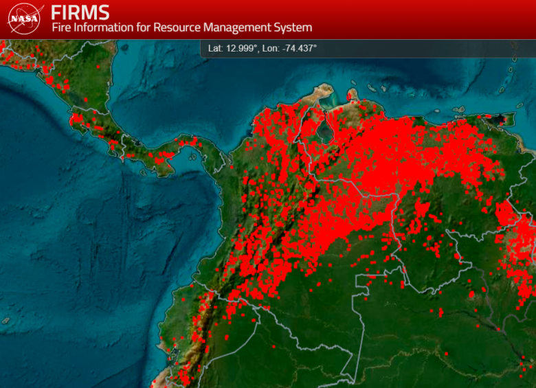 Este es el mapa de calor de la Nasa en el que Colombia se ve cubierto de puntos rojos. FOTO: Nasa