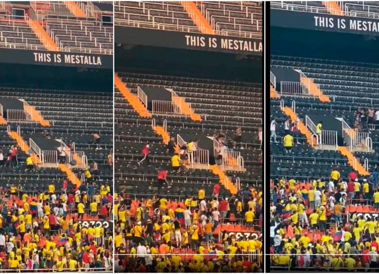 El enfrentamiento entre los hinchas colombianos en la tribuna se habría producido antes de que los equipos saltaran a la cancha. FOTO: CAPTURA DE PANTALLA 