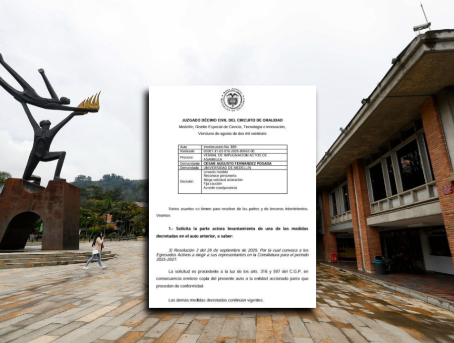 Auto emitido por el Juzgado Décimo Civil del Circuito de Oralidad de Medellín en el que se levantó suspensión sobre la Consiliatura de la Universidad de Medellín. FOTO: Manuel Saldarriaga y Cortesía