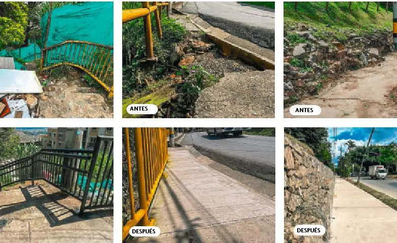 Antes y después de las obras realizadas en comunas como Villa Hermosa y Robledo. FOTO Cortesía Alcaldía de Medellín