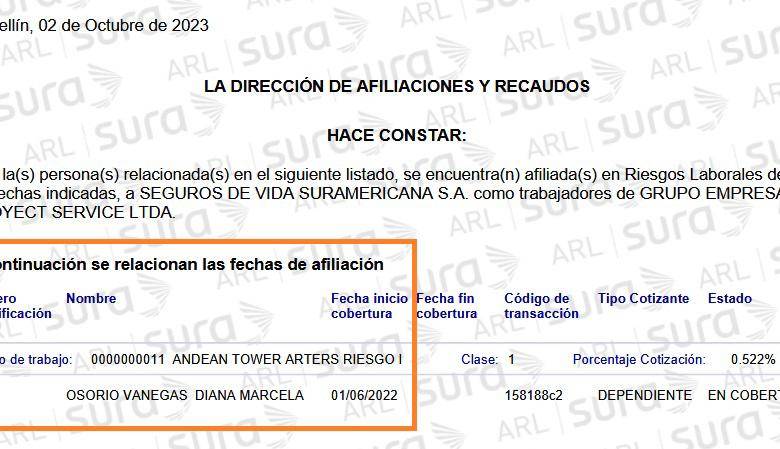 Certificado de afiliación que demuestra que Osorio fue afiliadad en 2022 como empleada de ATP FOTO: Cortesía