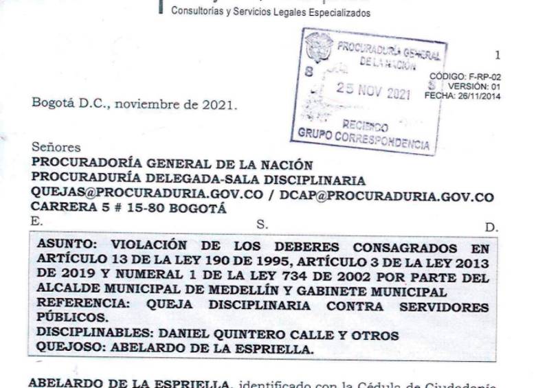 Esta es la queja interpuesta ante la Procuraduría por el abogado Abelardo de la Espriella.