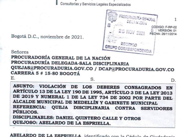 Esta es la queja interpuesta ante la Procuraduría por el abogado Abelardo de la Espriella.