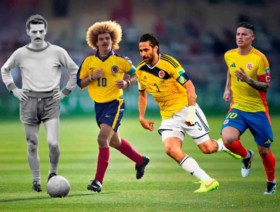 Francisco “Cobo” Zuluaga fue el capitán de Colombia en el Mundial de 1962; el “Pibe” Valderrama en 1990, 1994 y 1998, mientras que Mario Yepes lo hizo en 2014. James tomó la posta para 2018 y se espera que ejerza ese liderazgo en el Mundial 2026. FOTOS Conmebol, Getty y Juan Antonio Sánchez