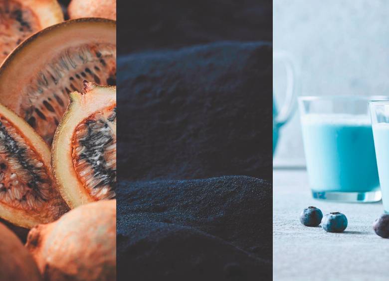 Izquierda: la fruta de la jagua. Centro: el pigmento azul. Derecho: una aplicación posible del azul de jagua en la alimentación. Foto: cortesía de Oterra. 