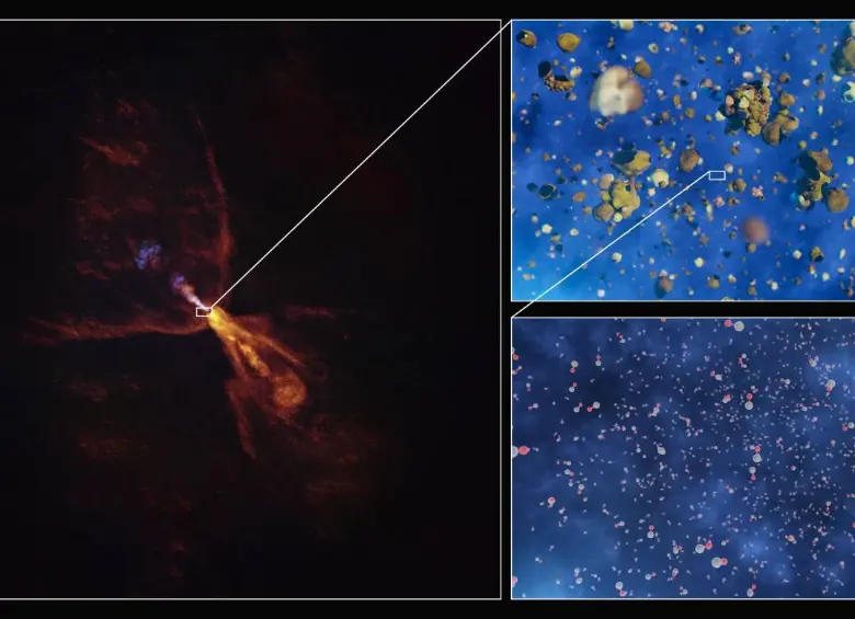 Las imágenes muestran la condensación de gas caliente en minerales sólidos alrededor de la estrella HOPS-315. A la izquierda, observación de ALMA; los recuadros ilustran moléculas de monóxido de silicio transformadas en silicatos. FOTO: Agencia Sinc/ESO/L.Calçada/ALMA