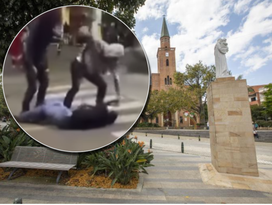 La golpiza ocurrió en el parque San José de Envigado. Fotos: captura del video y EL COLOMBIANO.