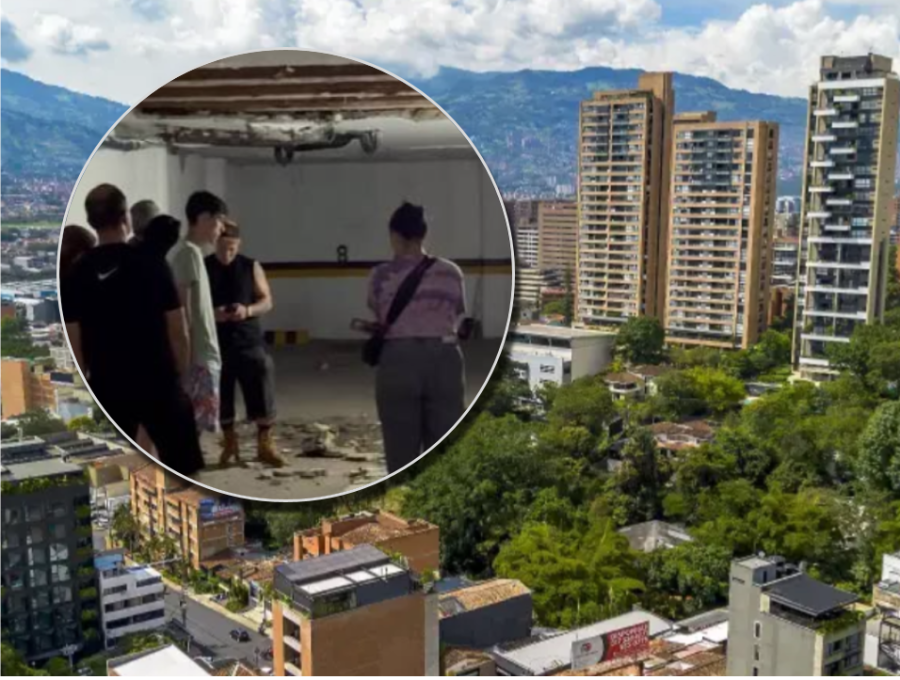 El desprendimiento de la parte de un techo de un parqueadero en una unidad residencial en Laureles causó pánico en sus residentes. Fotos: EL COLOMBIANO y cortesía.