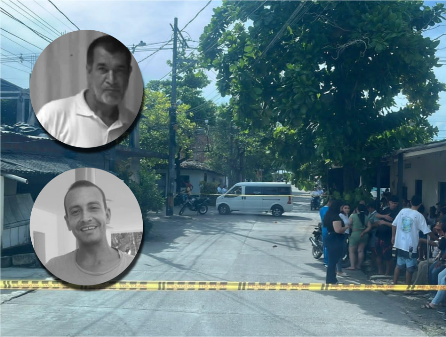 Atrás, imagen de la zona del crimen acordonada. Adelante, fotos de Luis Albeiro Serna Henao y Joseph Felipe Álvarez Bustamante, quienes murieron en el hecho. Fotos: cortesía.