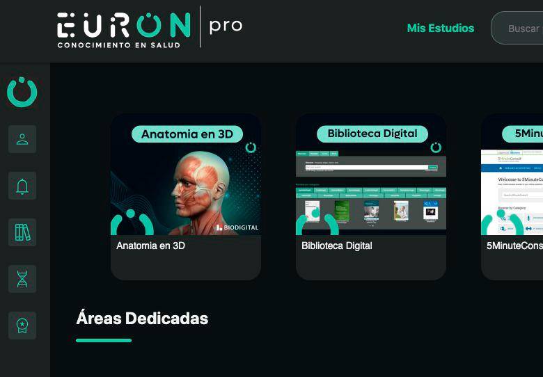 Interfaz de la aplicación EurON Pro, que integra recursos digitales para la educación médica continua. FOTO cortesía Grupo Eurofarma