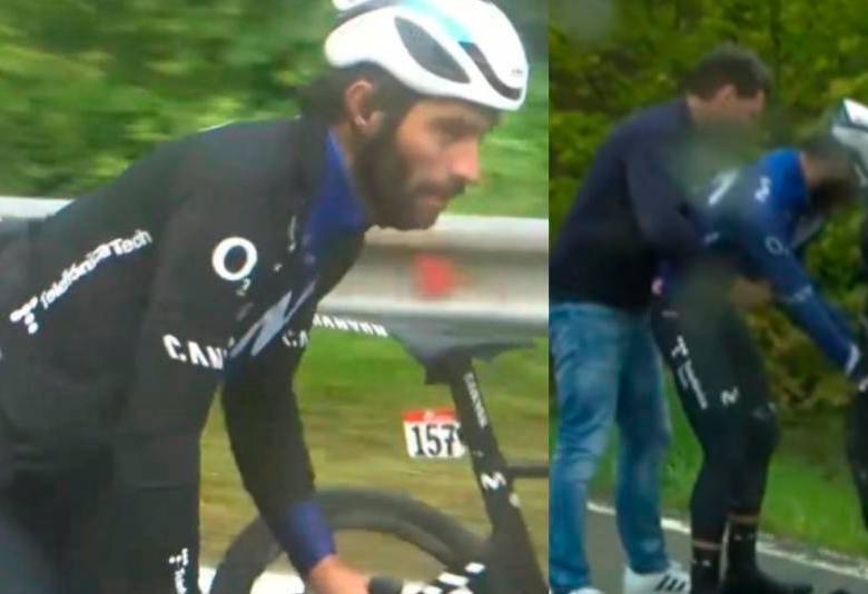 Fernando Gaviria tuvo que cambiar de ropa y bicicleta tras la caída. FOTOS CAPTURA DE PANTALLA CARACOL TV