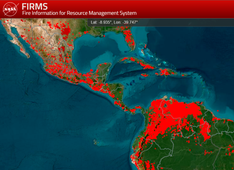 Mapa de calor de la Nasa en el que Colombia se ve cubierto de puntos rojos. FOTO: Nasa