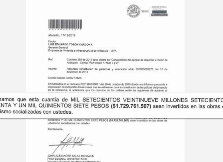 Oficio en el que se reseñan los $1.700 millones solicitados por Viva a Indeportes.