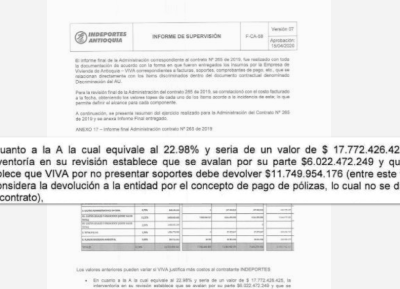 Extracto del informe de supervisión en el que Indeportes señala que hay $11.749 millones que no han sido justificados. 