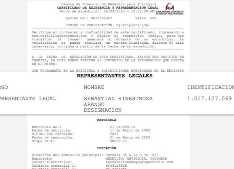 Certificado de existencia y representación legal de Megaproyecto Vial Siglo XXI.