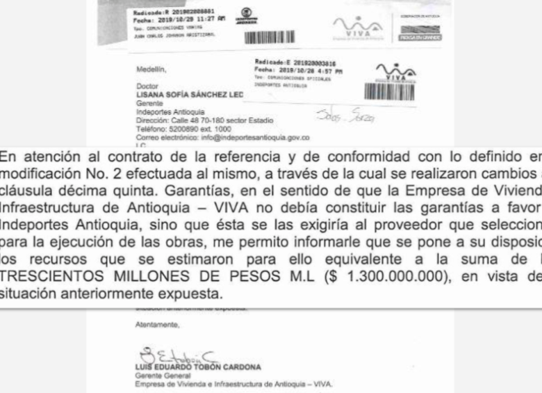 Oficio con el que el exgerente de Viva, Luis Eduardo Tobón, señala que el dinero fue destinado a la obra. 