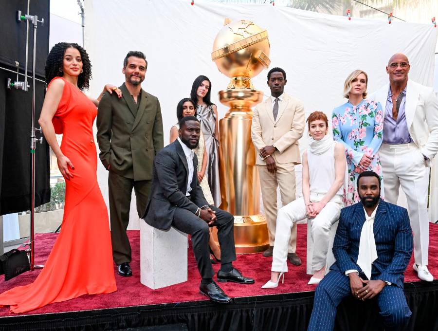 De izquierda a derecha y de pie: Chase Infiniti, Wagner Moura, Monica Padman, Eva Victor, Damson Idris, Rhea Seehorn y Dwayne Johnson. Sentados: Kevin Hart, Britt Lower y Tramell Tillman quienes asistieron al almuerzo de nominados. 