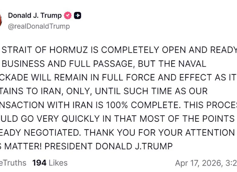 Publicación de Trump sobre reapertura de Ormuz.