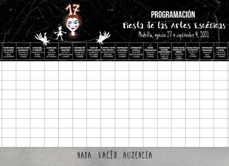 La programación de la Fiesta muestra los 18 teatros participantes sin ningún contenido u obra. Foto: Cortesía Medellín en Escena