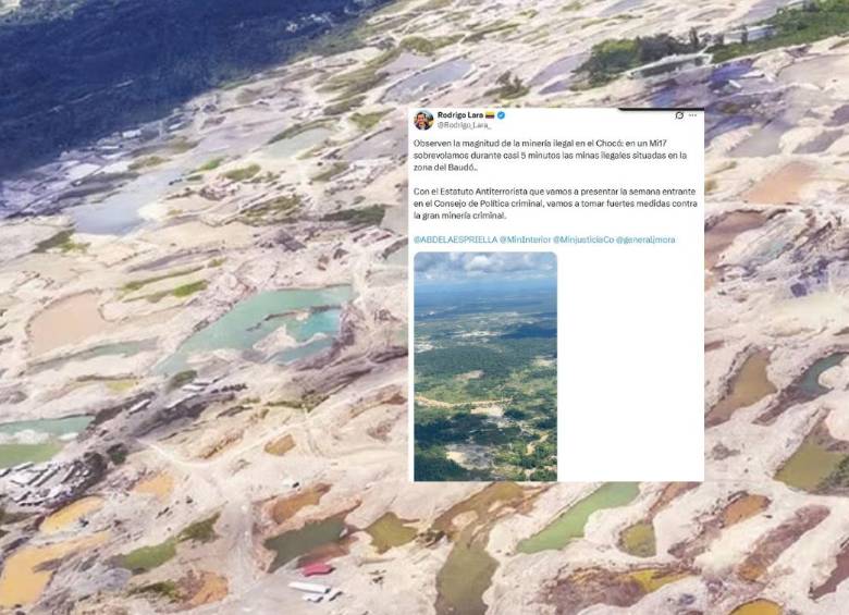 La minería ilegal habría provocado una grave transformación ambiental en las 13.000 hectáreas que el denunciante asegura haber heredado en Nóvita, Chocó. El ministro del Interior, Rodrigo Lara, sobrevoló en helicóptero toda la zona denunciada. Foto: Semana y X de Rodrigo Lara