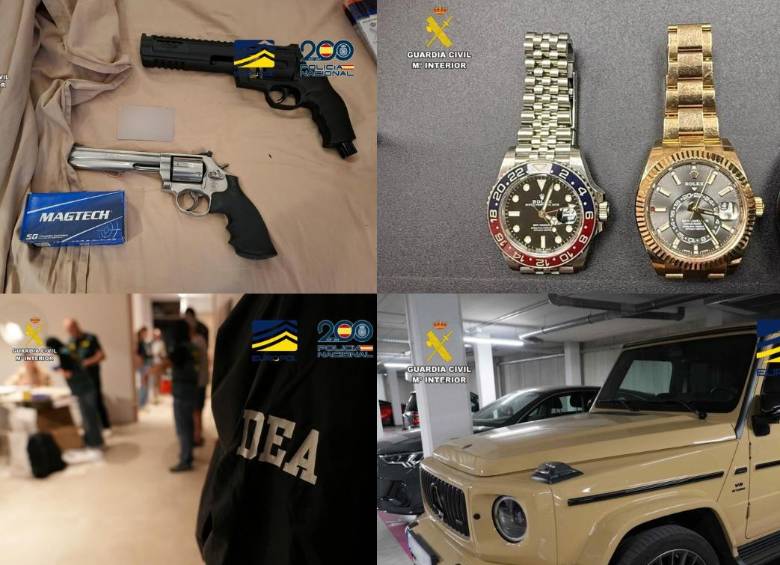 Armas de fuego, relojes finos y hasta una camioneta Mercedes Benz, de alta gama, fueron incautados por lass autoridades españolas y de Colombia con apoyo de la DEA en España. Fotos: Guardia Civil España 