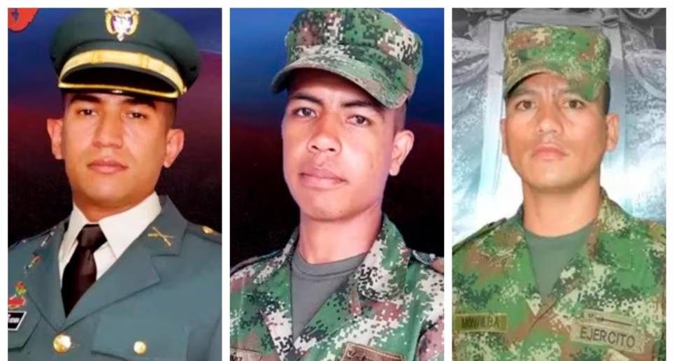 Estos son los tres soldados muertos: teniente Andrés Felipe Ochoa (izq.), soldado Henry Muñoz (centro) y soldado Deimer Montilva (der.). FOTO: CORTESÍA