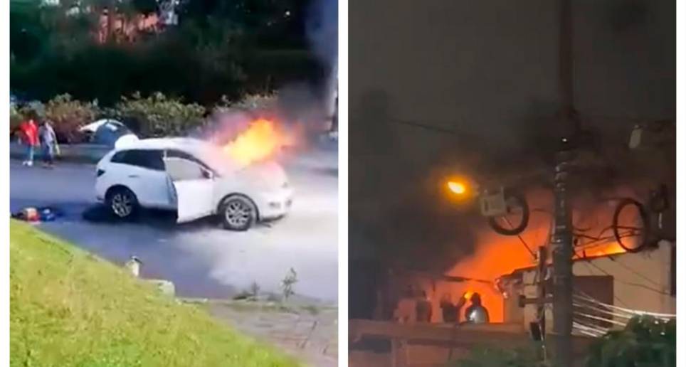 A la izquierda, el incendio de un carro en la Loma de los Balsos. A la derecha, la conflagración en los alrededores de un motel del barrio La América. FOTOS: CORTESÍA