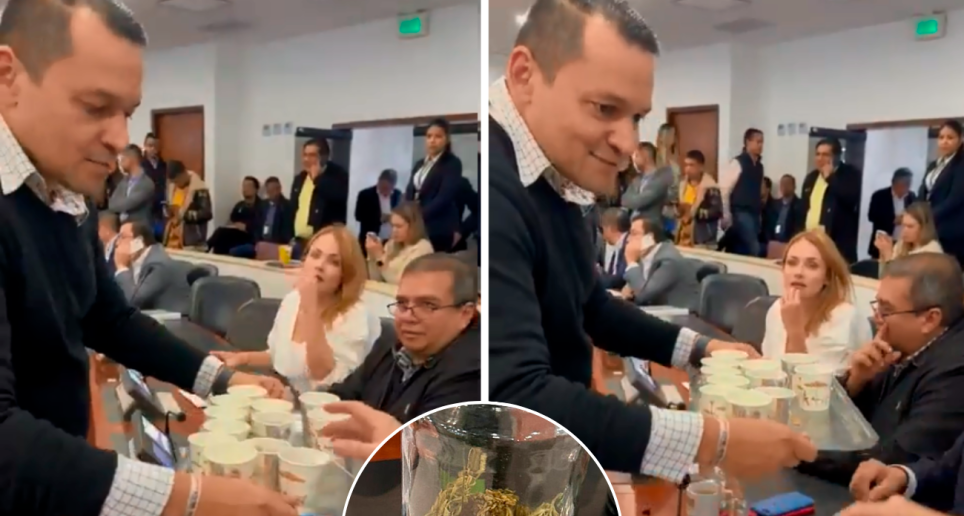 El representante Alejandro Ocampo sorprendió la sesión de la Comisión Primera de la Cámara de representantes al entregar productos derivados de la marihuana. FOTO TWITTER @JUANFRAILE