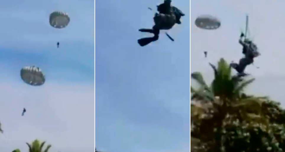 La Fuerza Aérea de talló que los cuatro paracaidistas estaban realizando actividades de entrenamiento militar pero fueron arrastrados por fuertes ráfagas de viento. FOTO CAPTURA DE VIDEO 