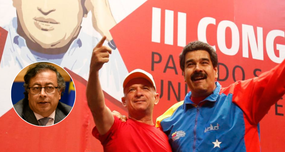 En la foto detalle el presidente Gustavo Petro y en la foto principal Hugo “El Pollo” Carvajal junto a Nicolás Maduro en un evento rindiendo homenaje a Hugo Chávez. FOTO CORTESÍA