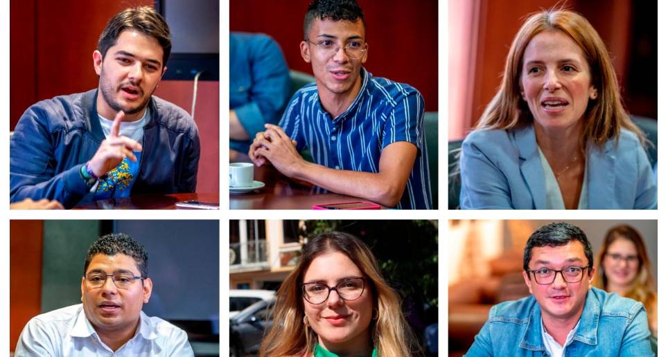 Los candidatos Esteban Jaramillo, Pablo Zapata, Natalia Zuluaga, Luis Peláez, Alejandra Sánchez y Yamid López. Fotos Juan Antonio Sánchez y Cortesía.