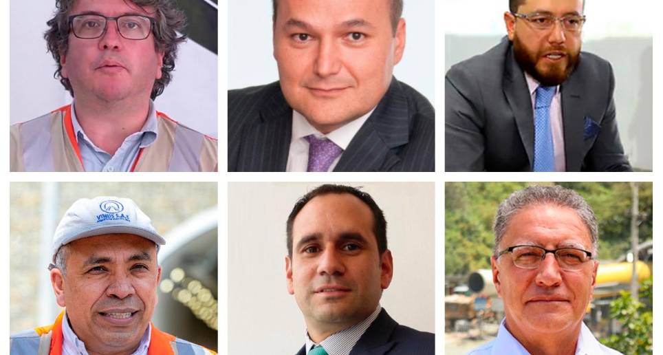 Desde la parte superior, de izquierda a derecha, Mauricio Millán Drews (Gerente Covipacífico), Mauricio Ossa (Presidente de Odinsa), Juan Manuel Mariño (gerente Conexión Norte), Santiago Pérez Buitrago (gerente Pacífico Tres), Jesús Rodríguez Robles (gerente Mar 1) , Ricardo López Lombana (gerente Vías del Nus). FOTOS Cortesía