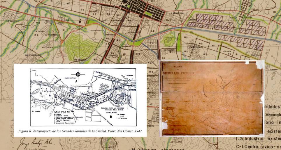 En el centro, uno de los planos del Plan Piloto de 1951; a la izquierda, un boceto de los Grandes Parques de Pedro Nel Gómez (1943); y a la derecha, el plano de Medellín Futuro de 1913. FOTOS: CORTESÍA Y ARCHIVO PLANEACIÓN DE MEDELLÍN