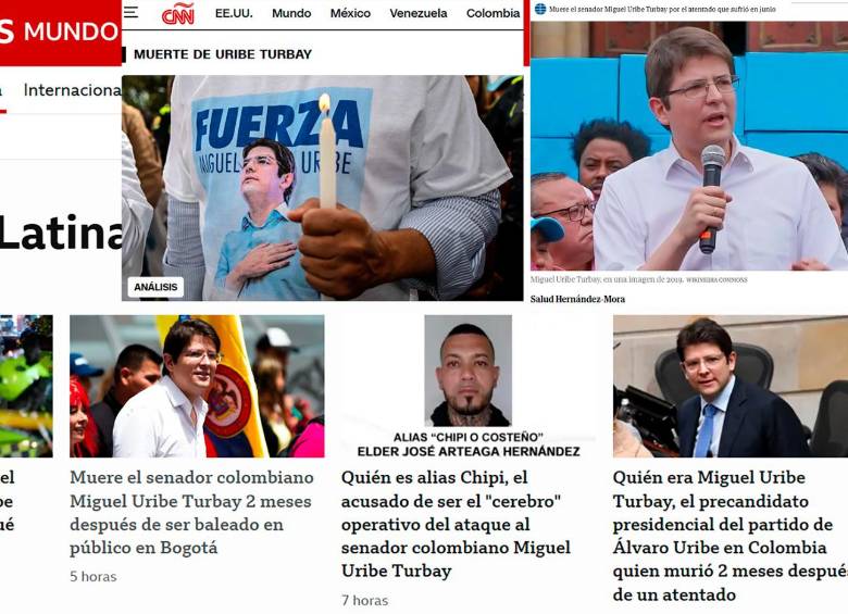 Capturas de pantalla de diferentes medios de comunicación en el mundo informando la noticia. FOTO: EL COLOMBIANO