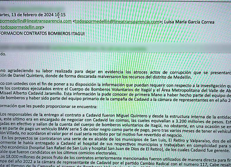 Revelación del correo electrónico de febrero de 2024 en el que una persona que dijo haber sido parte de la maraña explicó cuál era el modus operandi y mencionó por primera vez de forma directa a Miguel Quintero como el jefe. Foto: cortesía Todos por Medellín