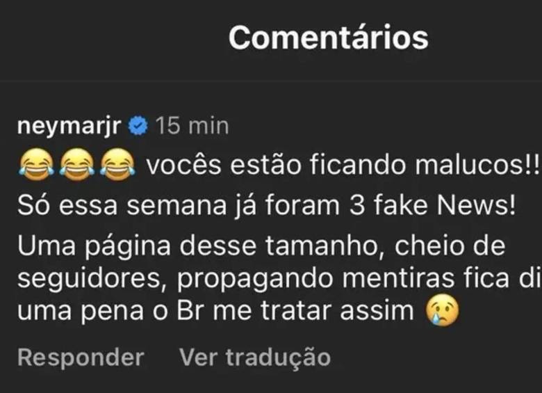 Neymar manifestó su molestia por las noticias falsas difundidas en medios brasileros, entre ellas, el robo del anillo. Foto: Redes sociales. 