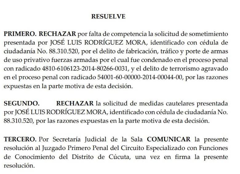 A José Luis Rodríguez, disidente de ‘Mordisco’ y vocero en la Paz Total, le negaron el ingreso a la JEP; ¿Por qué? Este es el documento que lo explica. FOTO: CAPTURA DE PANTALLA JEP.