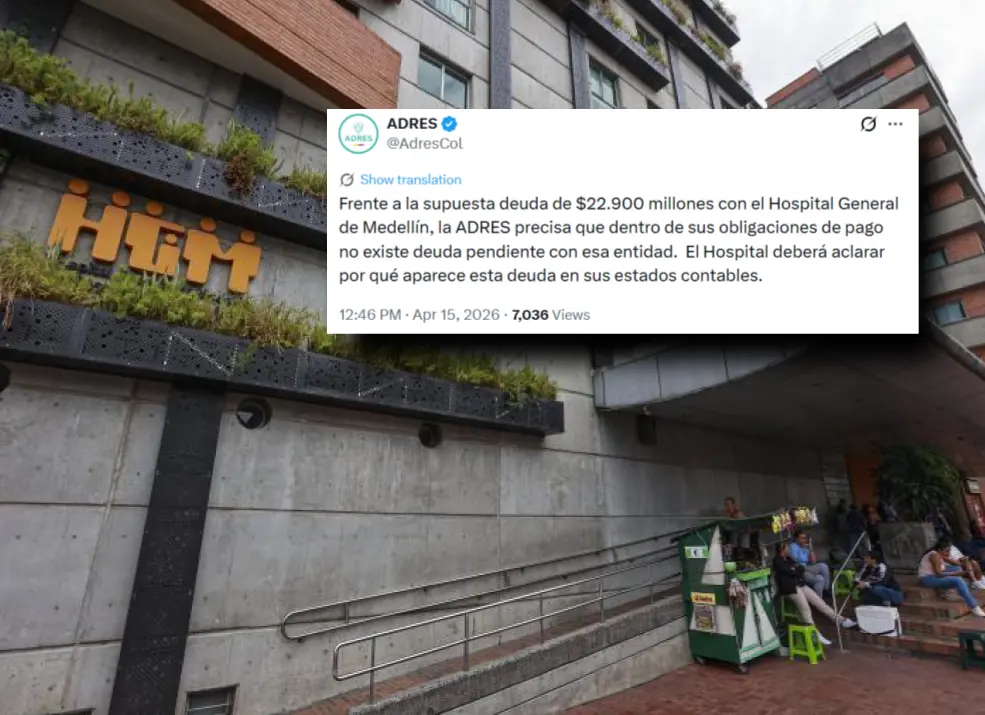 El Hospital General de Medellín, en el centro del debate por los recursos del sistema de salud entre la Adres y las autoridades locales. FOTO: Manuel Saldarriaga Quintero y X de Adres (@AdresCol)