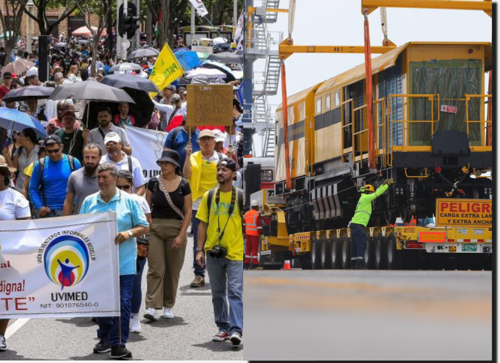 El traslado de maquinaria del Metro y las marchas de maestros podrían generar afectaciones en la movilidad en Medellín este 15 de abril. FOTO: Jaime Pérez Munévar y X de Federico Gutiérrez (@FicoGutierrez)