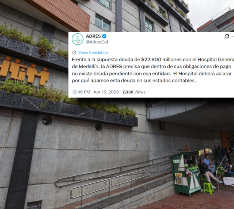 El Hospital General de Medellín, en el centro del debate por los recursos del sistema de salud entre la Adres y las autoridades locales. FOTO: Manuel Saldarriaga Quintero y X de Adres (@AdresCol)