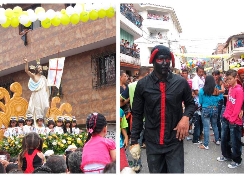 El Domingo de Resurrección en Barbosa es toda una fiesta, donde los habitantes no solo participan con fe, sino que también disfrutan la tradición del diablo que nació hace casi 80 años. A la derecha se ve al personaje interpretado por Saúl Meneses. FOTOS Archivo EL COLOMBIANO