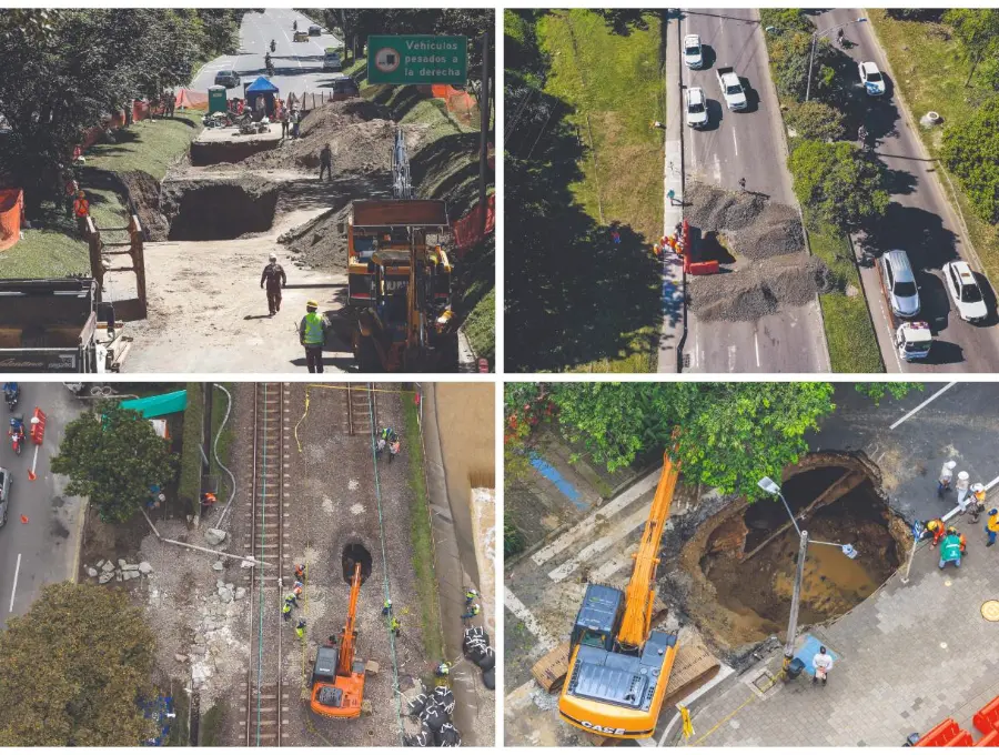 Arriba: socavación que apareció en la Regional en agosto de 2022 y el hundimiento súbito que se presentó sobre la avenida Paralela en mayo de 2023. Abajo: el hueco que apareció en la línea férrea del metro, cerca a la 4 Sur en octubre de 2025; y el boquete en la Av. El Poblado tras colapso de la cobertura de la quebrada La Presidenta esta semana. FOTOS Camilo Suárez y Manuel Saldarriaga