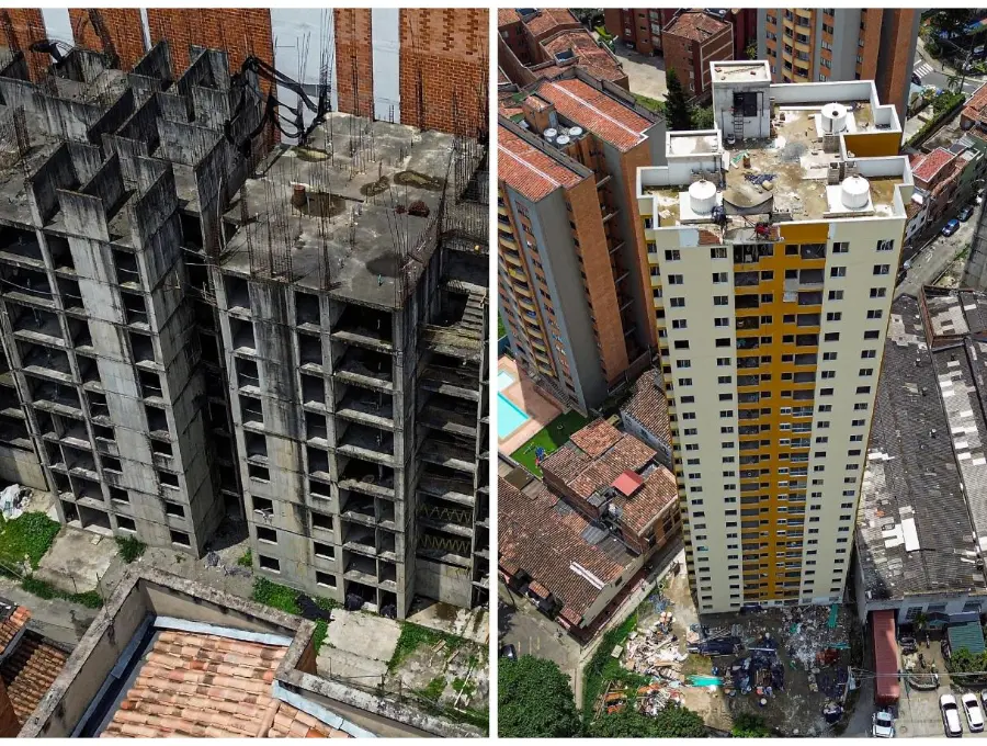 La foto de la izquierda corresponde a las dos torres de Santa Ana, que tienen un avance de obra del 36%; en la imagen de la derecha el edificio San Joaquín, el cual, según el Fovis, se entregaría a finales de marzo de este año. FOTOS Manuel Saldarriaga.