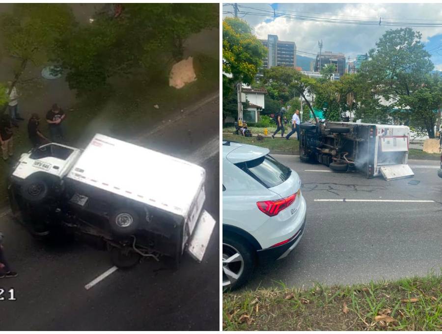 Así quedó el camión volcado en la avenida Regional. FOTOS Denuncias Antioquia. 